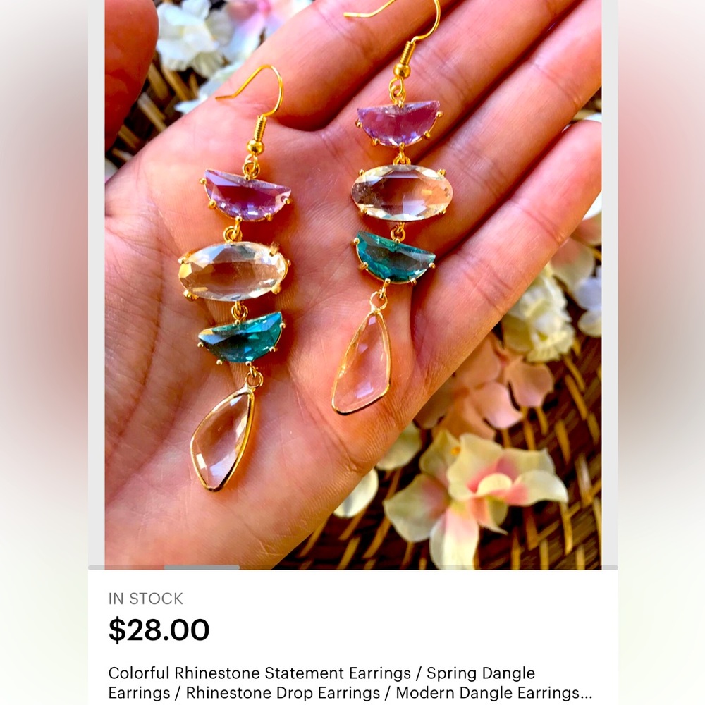 Colorful Dangle Rhinestone Statement Earrings 💜 - Picture 2 of 5